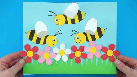 幼儿劳动节纸艺贴画卡片勤劳的小蜜蜂采花蜜贴画很有教育意义