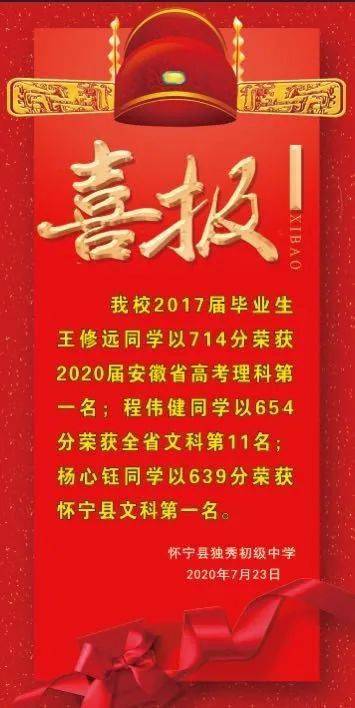 喜讯怀宁独秀初中2017届毕业生王修远夺得2020安徽高考理科状元