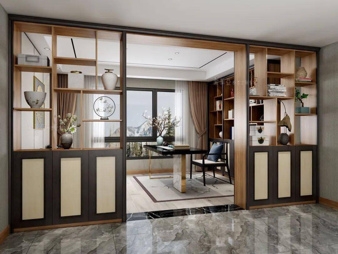 中式家居常常会用到屏风,博古架等,如今被实用化为储物隔断,是中式