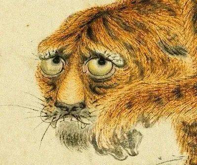 上面就是这幅怪画的局部图,一只老虎,瘦骨嶙峋,身体蜷缩着,眼神中流露