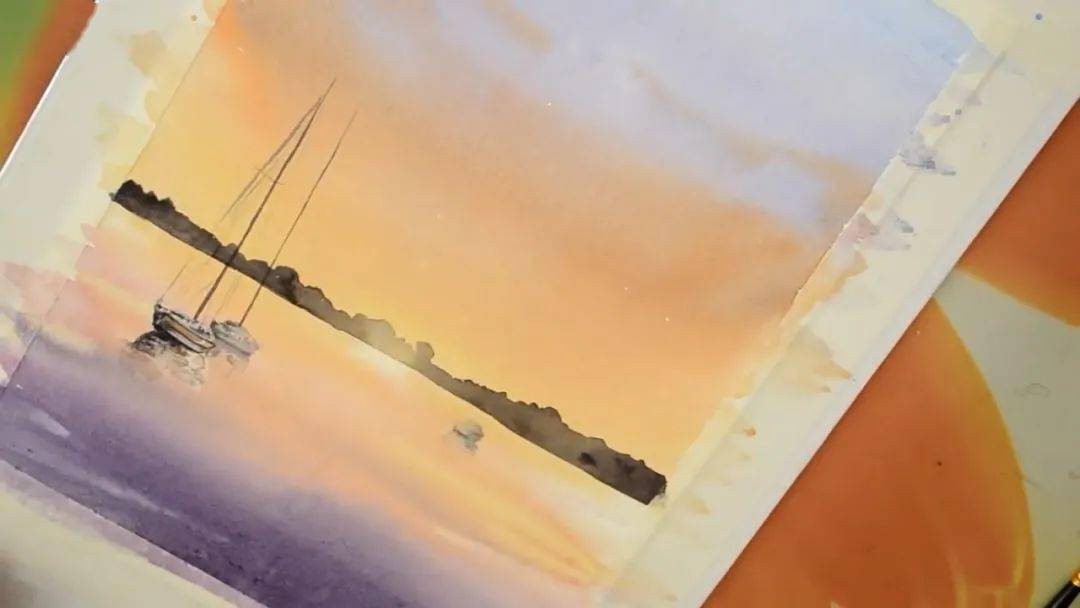 【视频】晚霞江面水彩画手绘教程