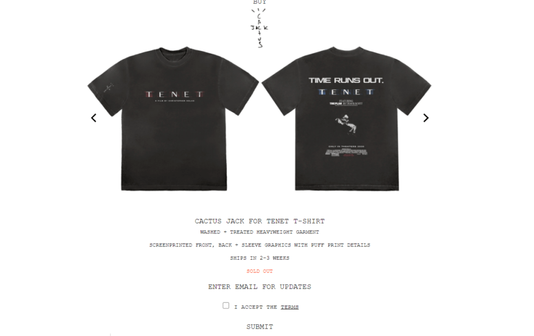 随后,一件由ts所主理的厂牌 cactus jack 设计,带有电影《tenet》元素