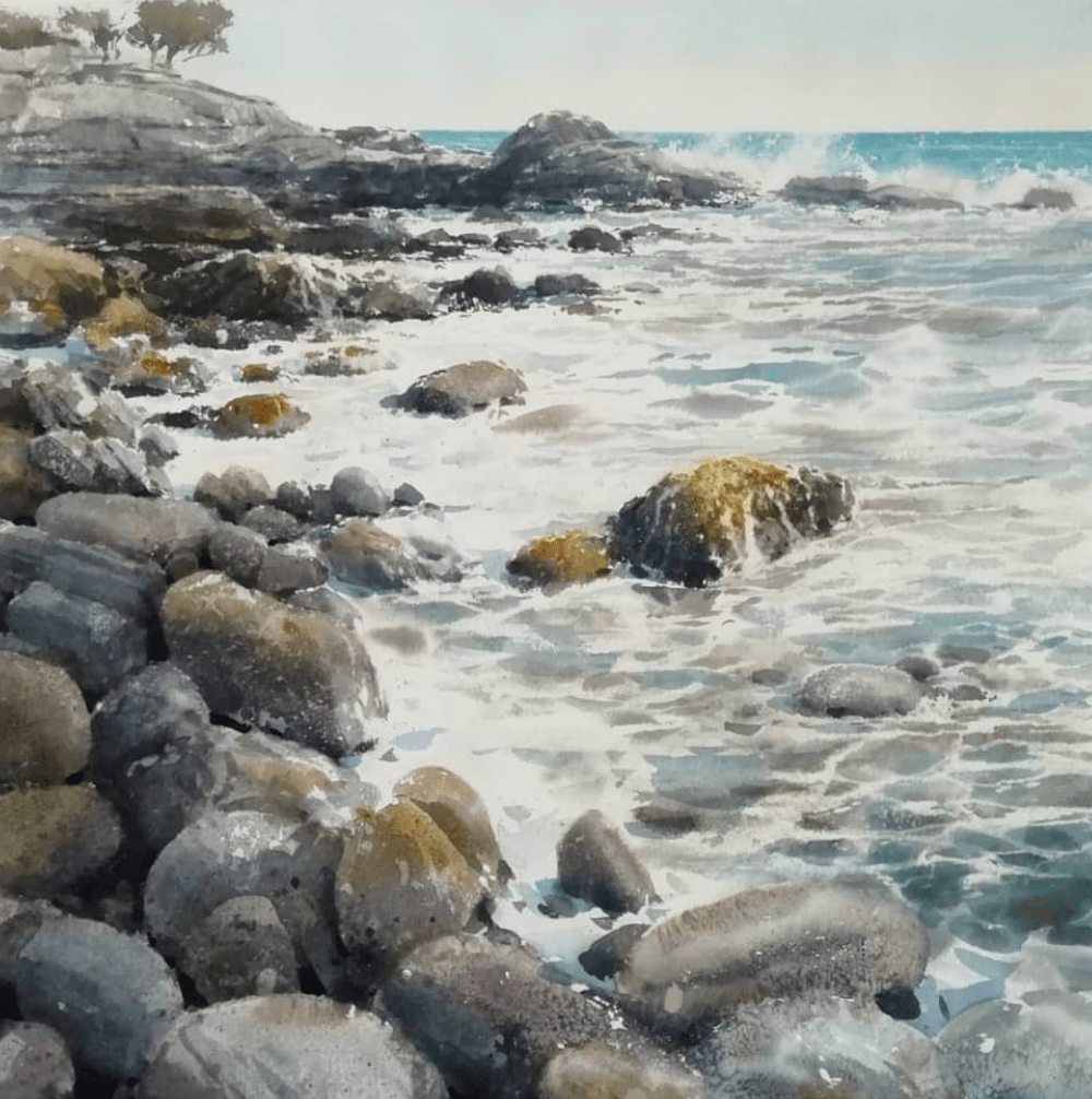 巴塞罗那水彩画家cescfarre作品欣赏礁石海浪
