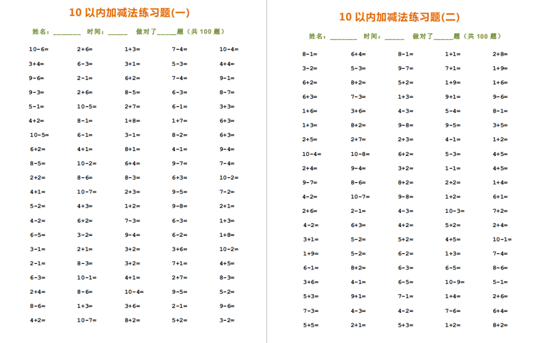 一年級孩子必備:10以內加減法口算專項練習,讓孩子熟能生巧!