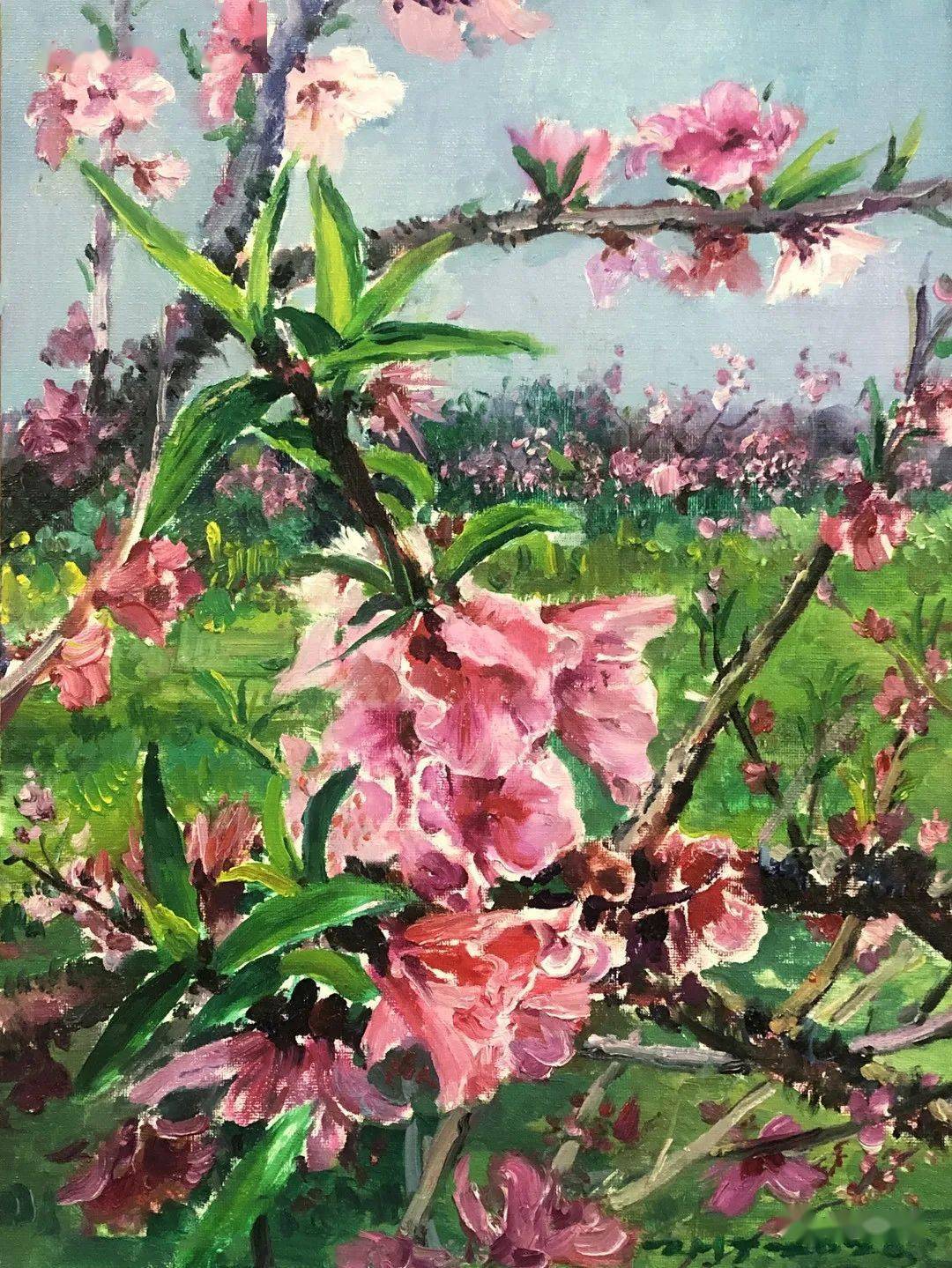 初将烂醉答春风朱辉军桃花系列油画作品