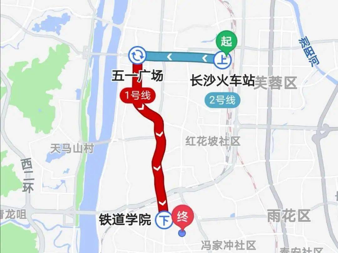 在長沙汽車西站步行161米前往望城坡地鐵站,四號口進站,搭乘地鐵二號