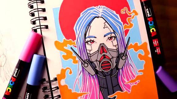 教你用油漆笔画出超帅插画手绘未来科技感女生色彩运用的太好了