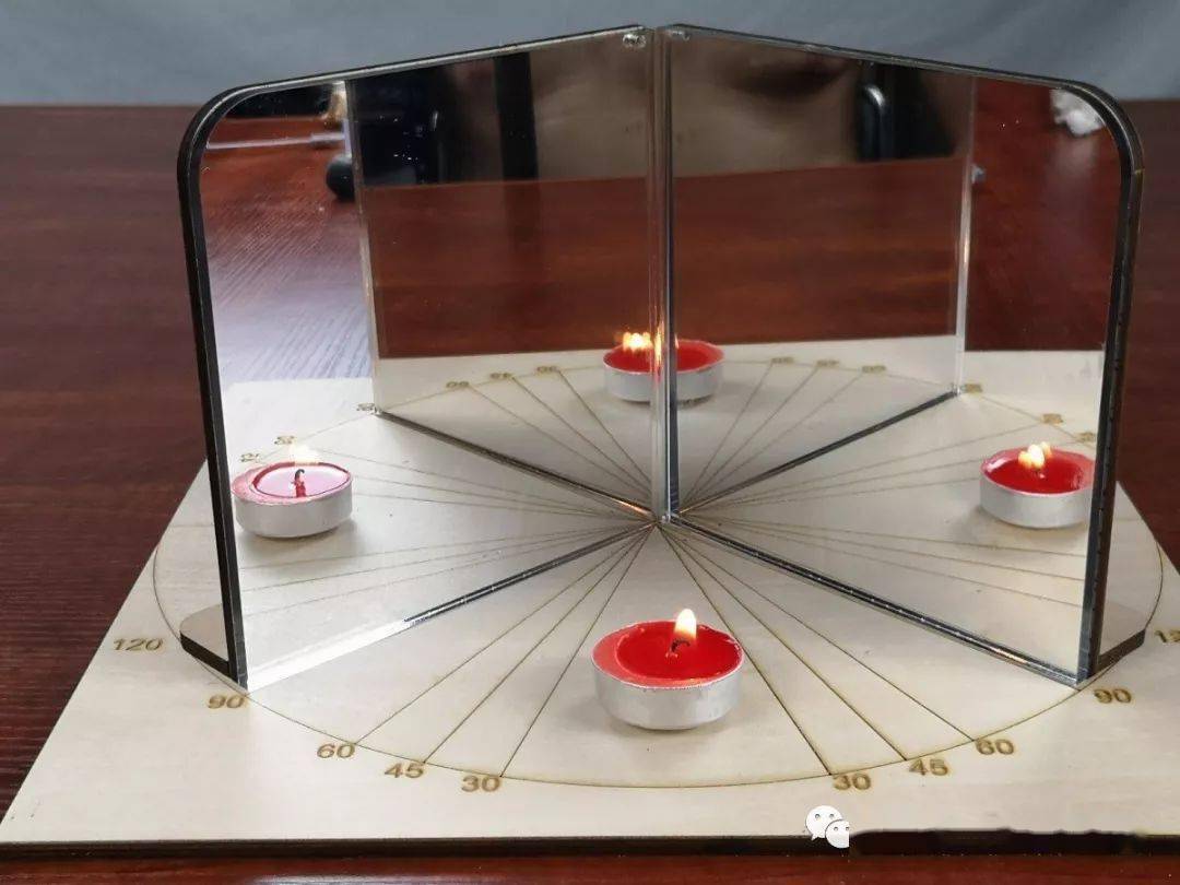 当两面镜子的夹角为120度时,总共看到3个蜡烛,其中2个是像.