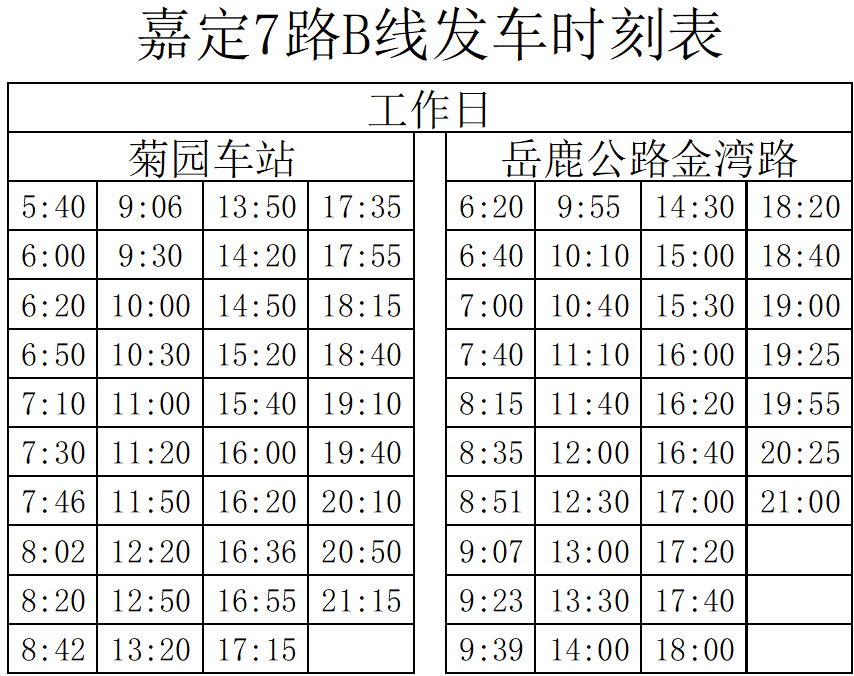 嘉定7路b线工作日时刻表,具体通知如下:调整公交嘉定7路,嘉定7路b线自