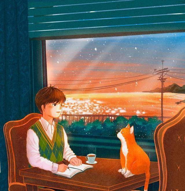 少年与猫咪的日常生活浪漫唯美而温情的插画