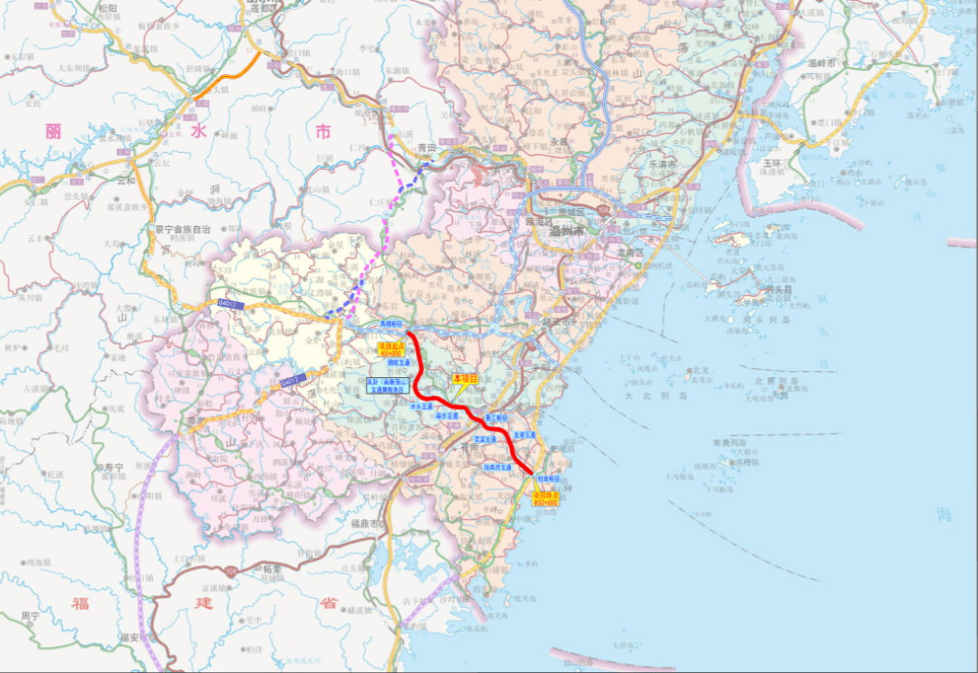 平阳县,龙港市,苍南县等4个县市,起于瑞安市高楼镇,接龙丽温高速公路