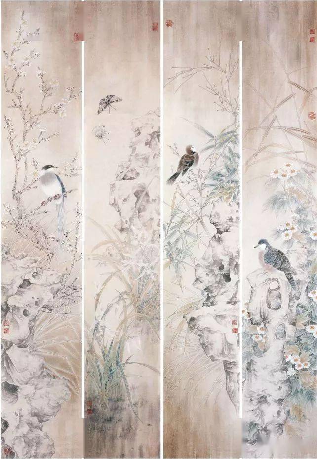 当代工笔名家笔下的梅兰竹菊四条屏雅赏