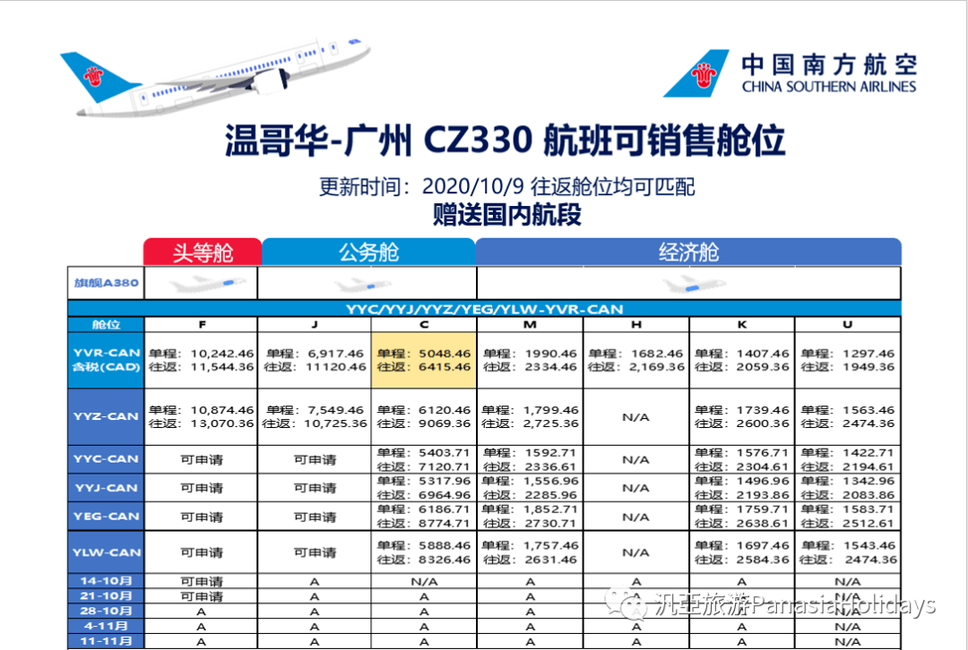 【南方航空| 加拿大-廣州 票價大公開 贈送國內航段】