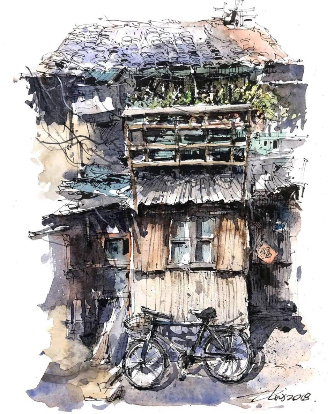 史志方钢笔淡彩作品欣赏徽州