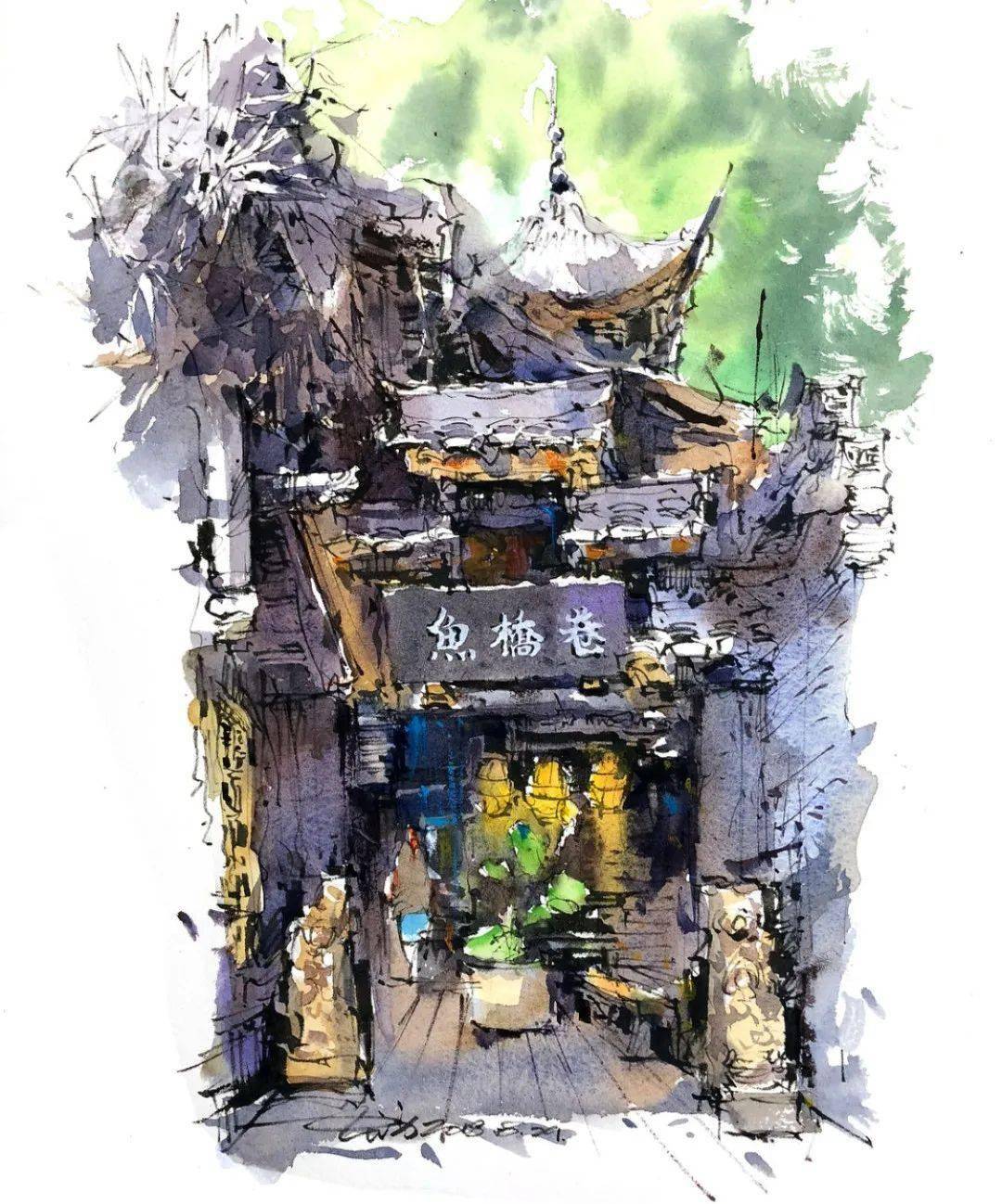 史志方钢笔淡彩作品欣赏徽州