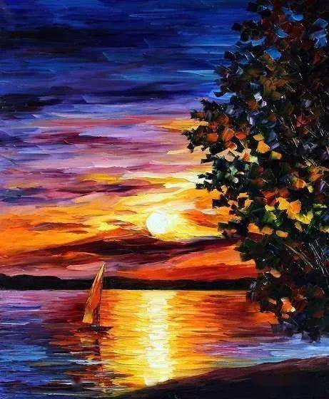 油画临摹素材:色彩浓郁的夕阳风厚涂风景