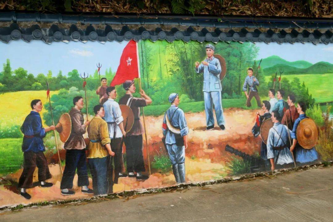 壁画,展现的是风景优美的山水画,农耕文化的生活场景和红军三打龙岩城