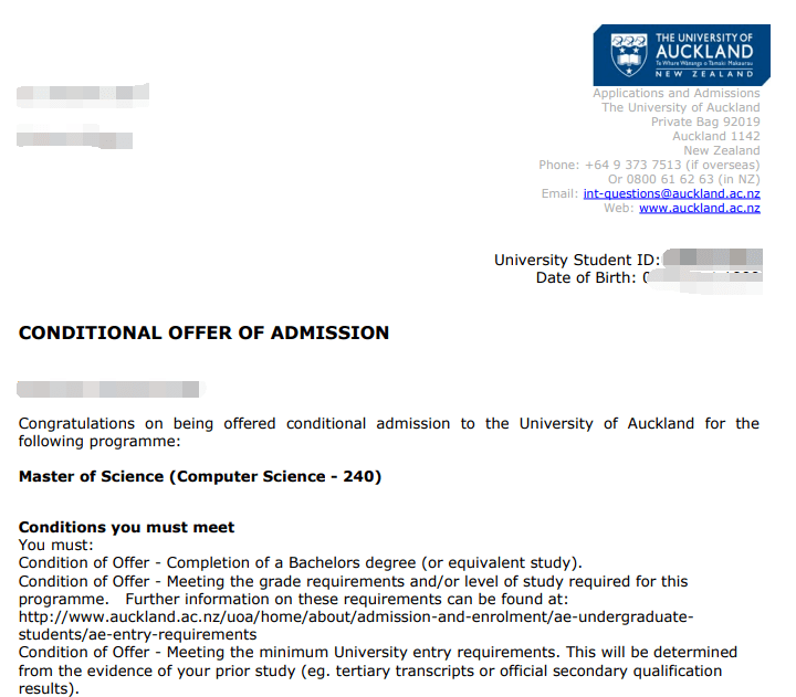 案例分享奥克兰大学计算机科学专业offer一枚