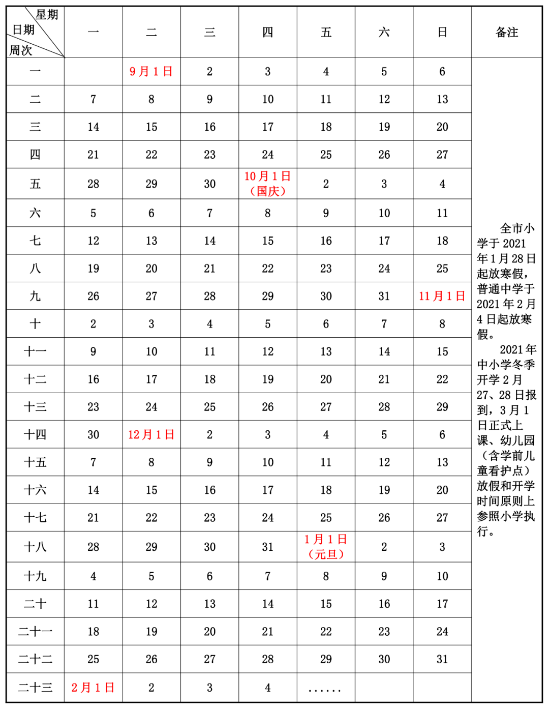 2020—2021學年度第一學期校歷表