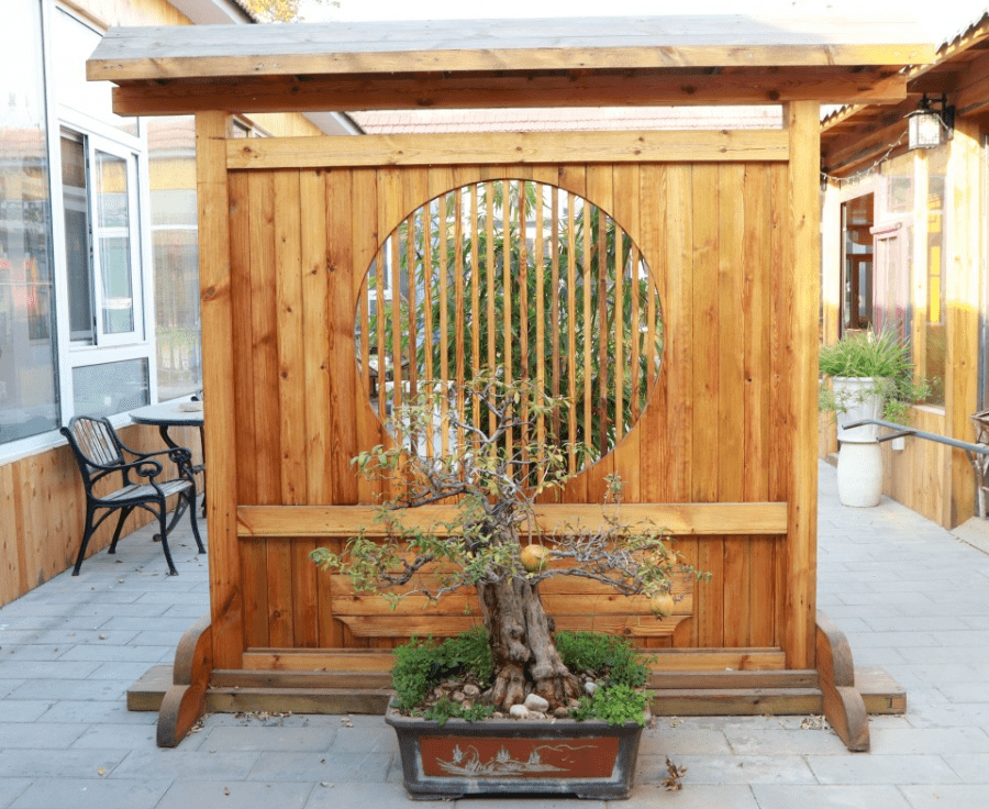 走到程淑芹家门口,院子里的木制影壁格外扎眼,原木色透着含蓄之美