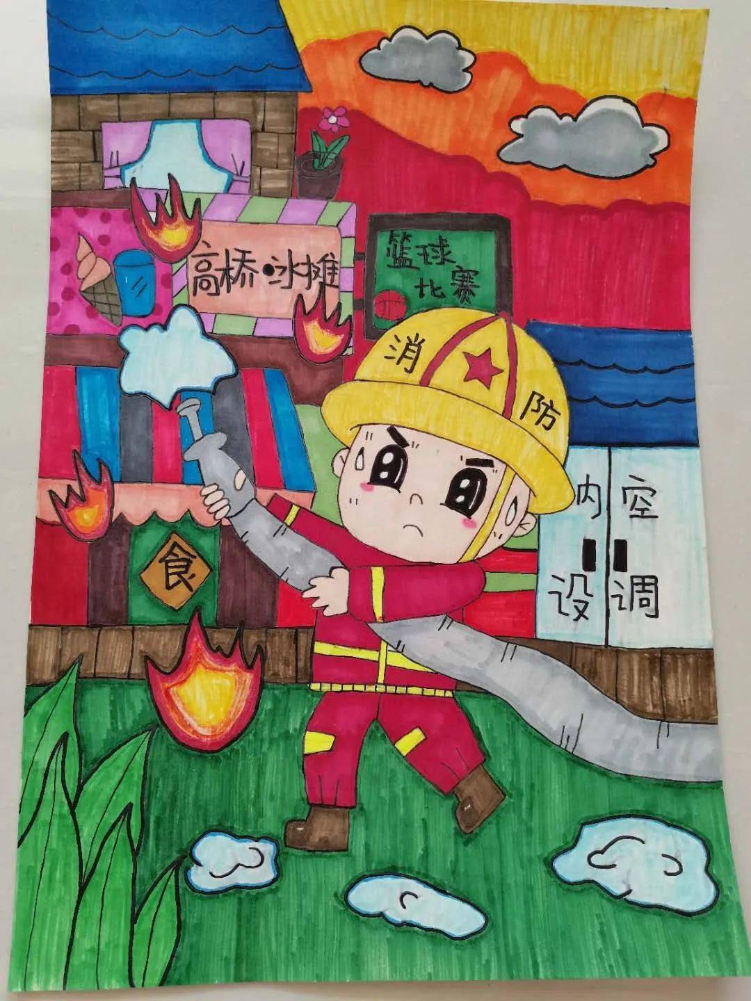 关于消防的绘画二年级图片