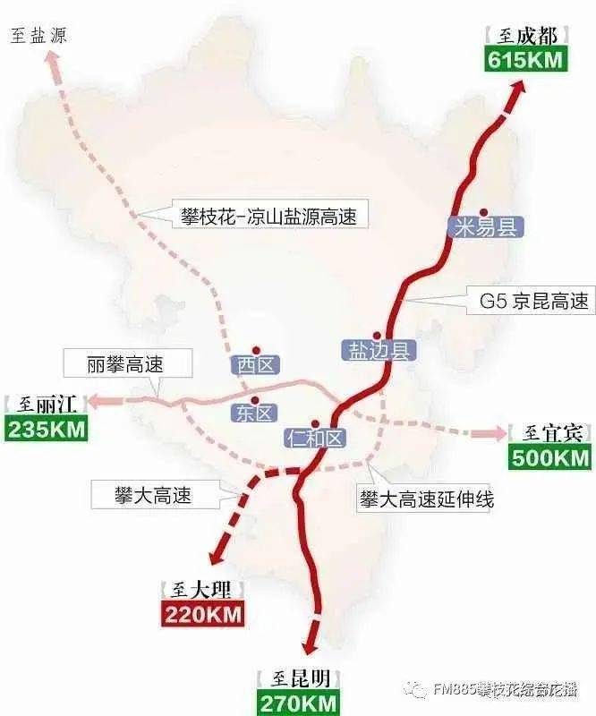 高速公路云南段建成(预计2021年上半年)通车后,攀枝花可通过永胜,宾川