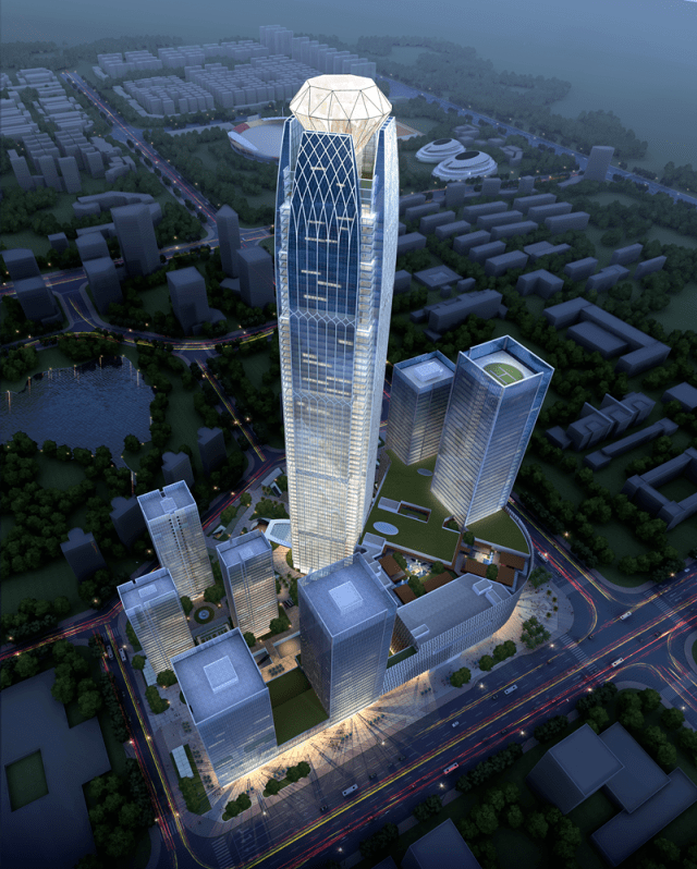 该项目位于台州中央商务区市府大道和学院路交叉口,地上主体建筑66层