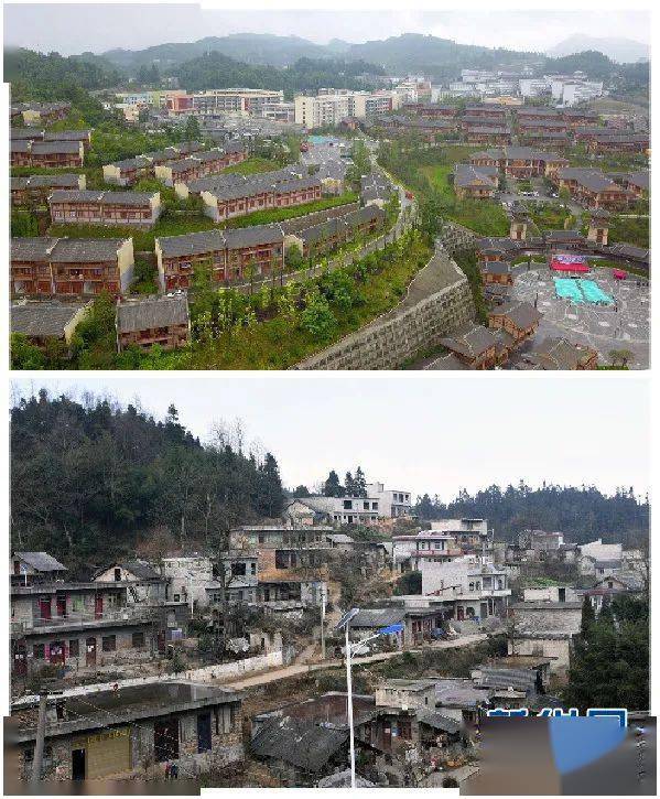 拼版照片:上图为6月6日无人机拍摄的贵州省晴隆县阿妹戚托小镇新貌