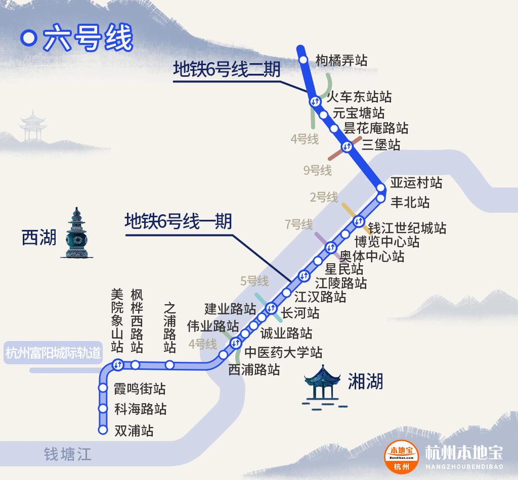 杭州至富阳城际铁路起点6号线美院象山站,终点为富阳区桂花西路站,设