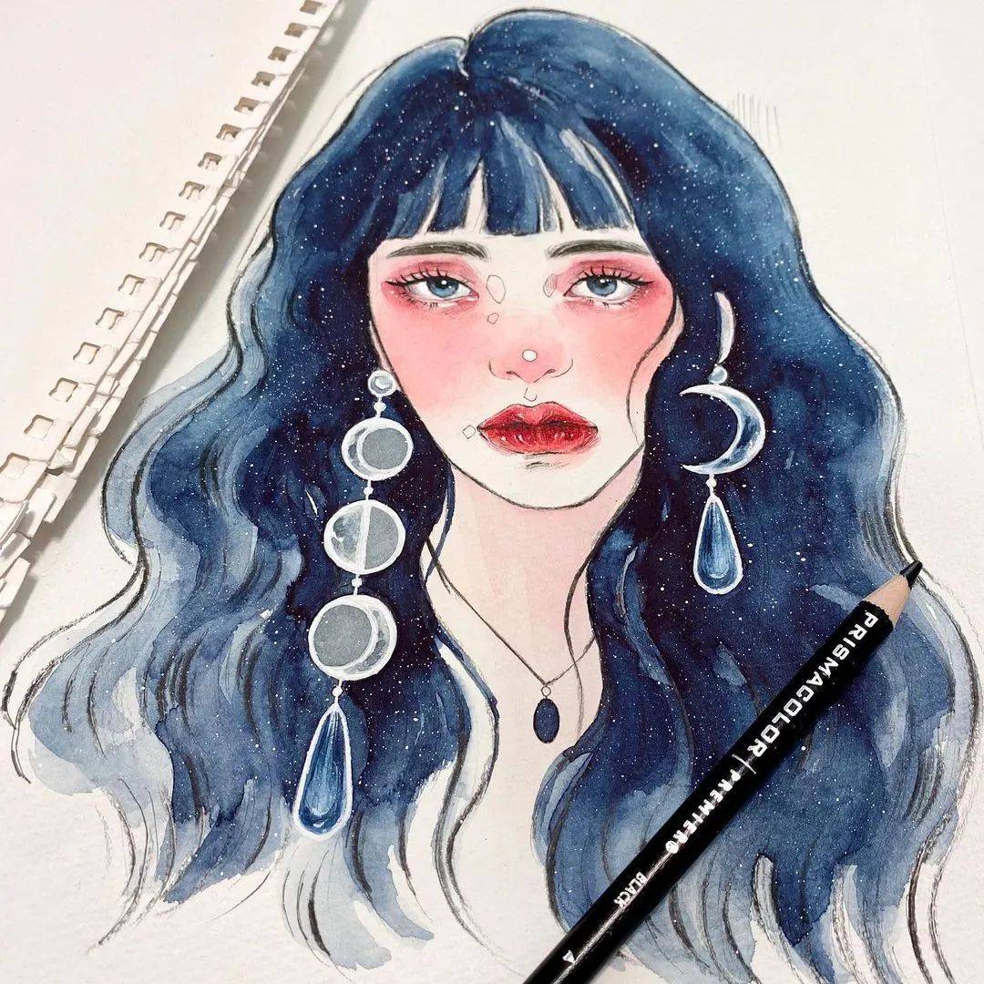 水彩彩铅清新韩系十足精致美少女插画作品