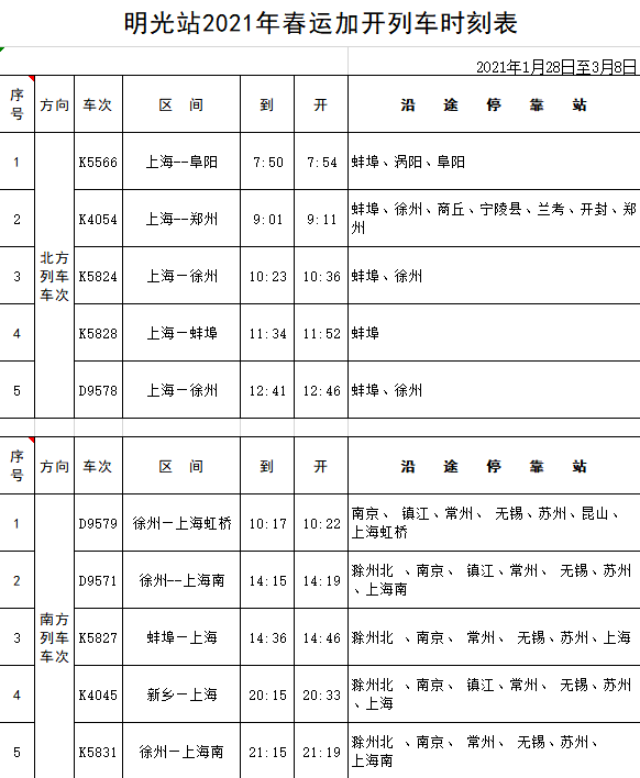 搶先看有動車明光火車站2021年春運加開列車時刻表出爐