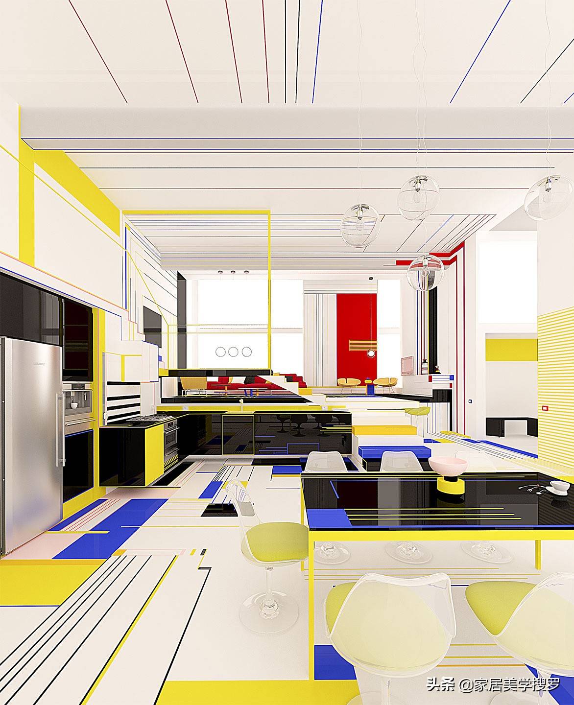 红色,黄色和蓝色的家居装饰,色彩对比鲜明的室内空间