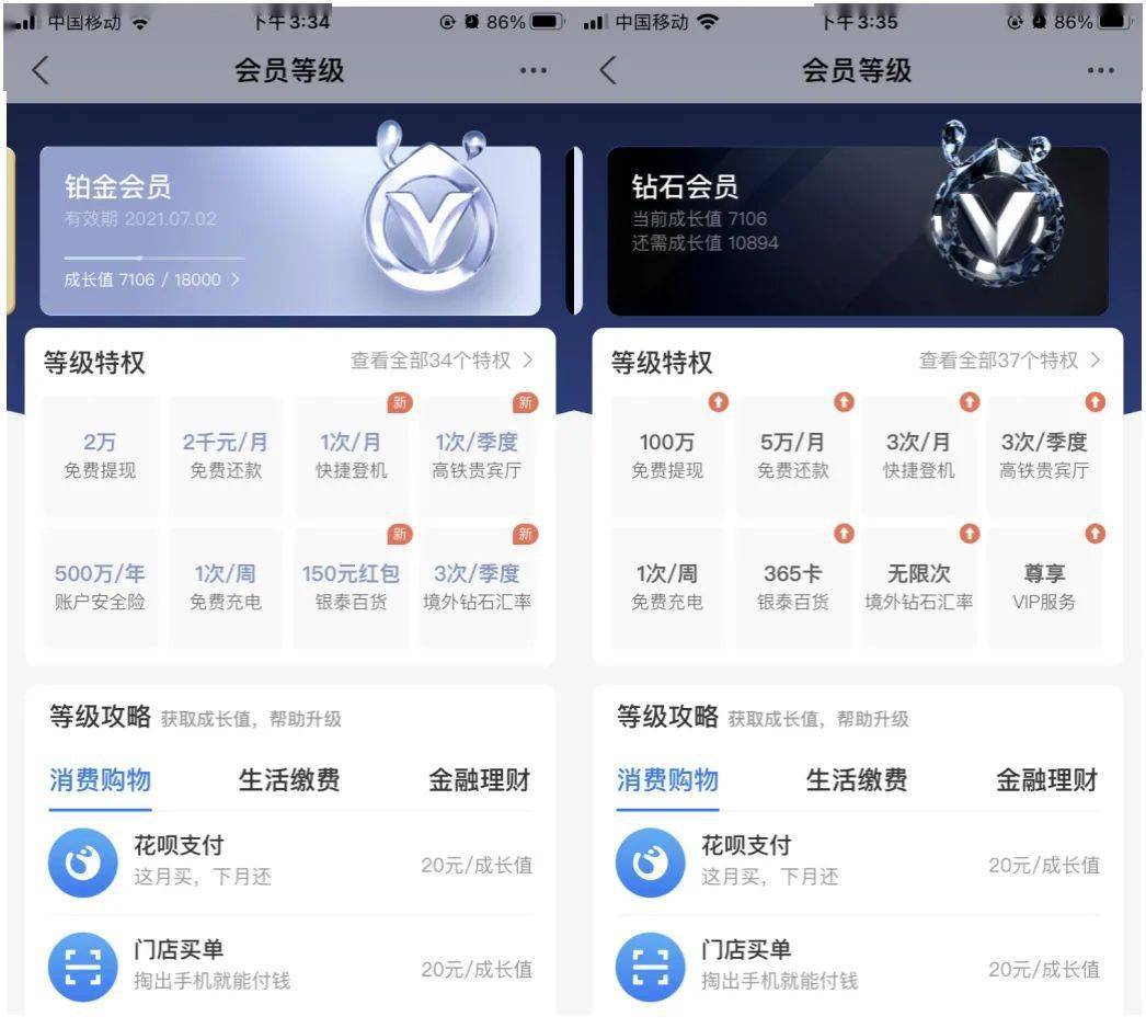 以支付宝会员为例,以下截图是支付宝铂金会员等级特权和钻石会员等级