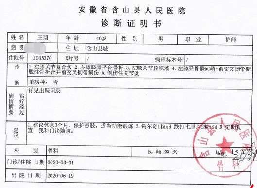 2020年11月,经法医鉴定,王翔左膝前交叉韧带部分断裂损失程度为轻伤