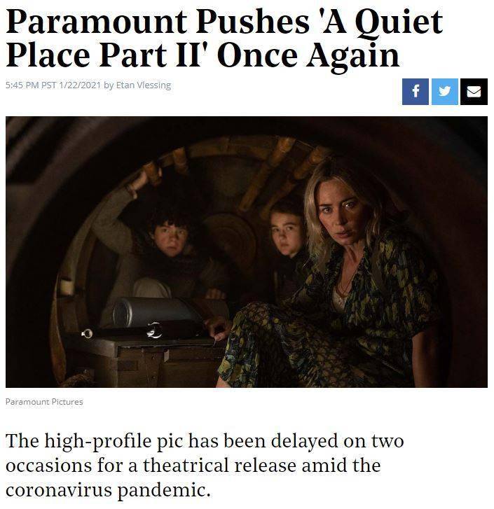 受疫情影响,帕拉蒙推出的惊悚电影续集《寂静之地2(a quiet place