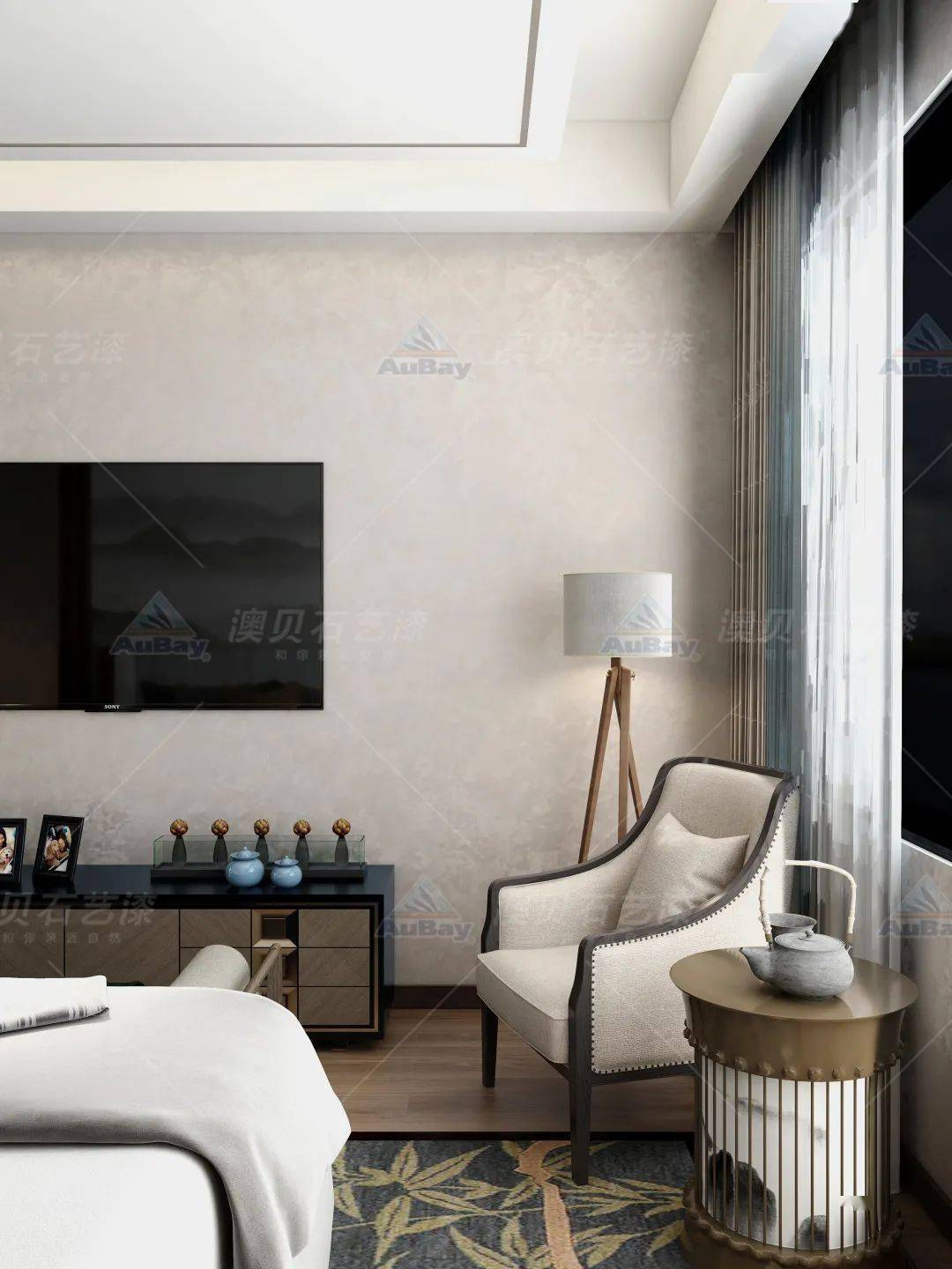 产品应用:澳贝艺术壁材·钻石绒宽敞的主卧主要体现主人生活的舒适