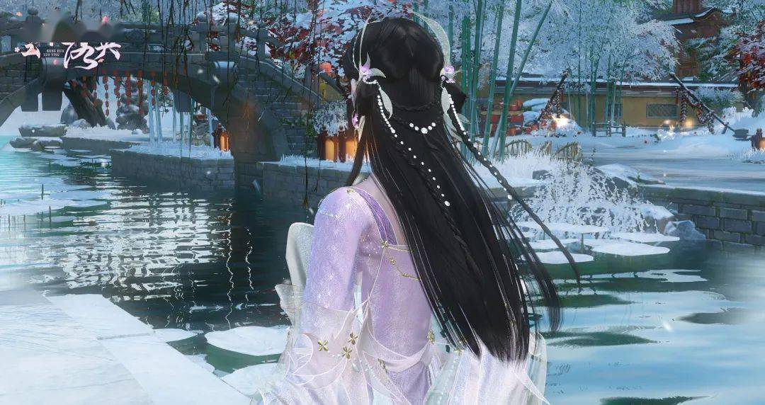 墨色长发细分成多股蝶翼发饰妆点云鬓余下长发如瀑披在身后凸显温婉