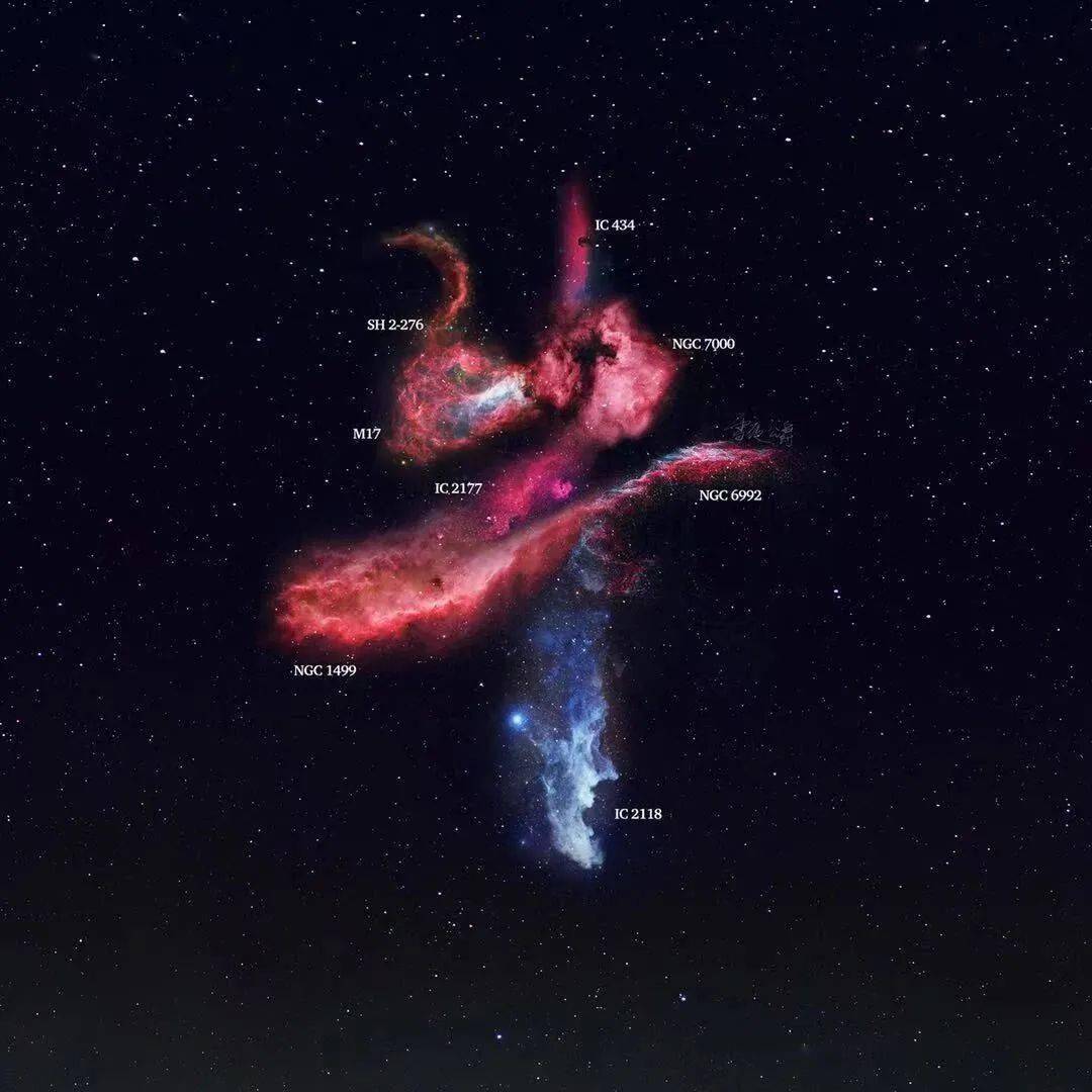 m17(ω星云,或称天鹅星云),ic 2177(海鸥星云),ngc 1499(加利福尼亚