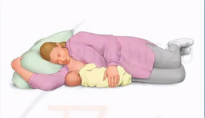 妈妈在床上侧卧,可以用枕头支撑住后背
