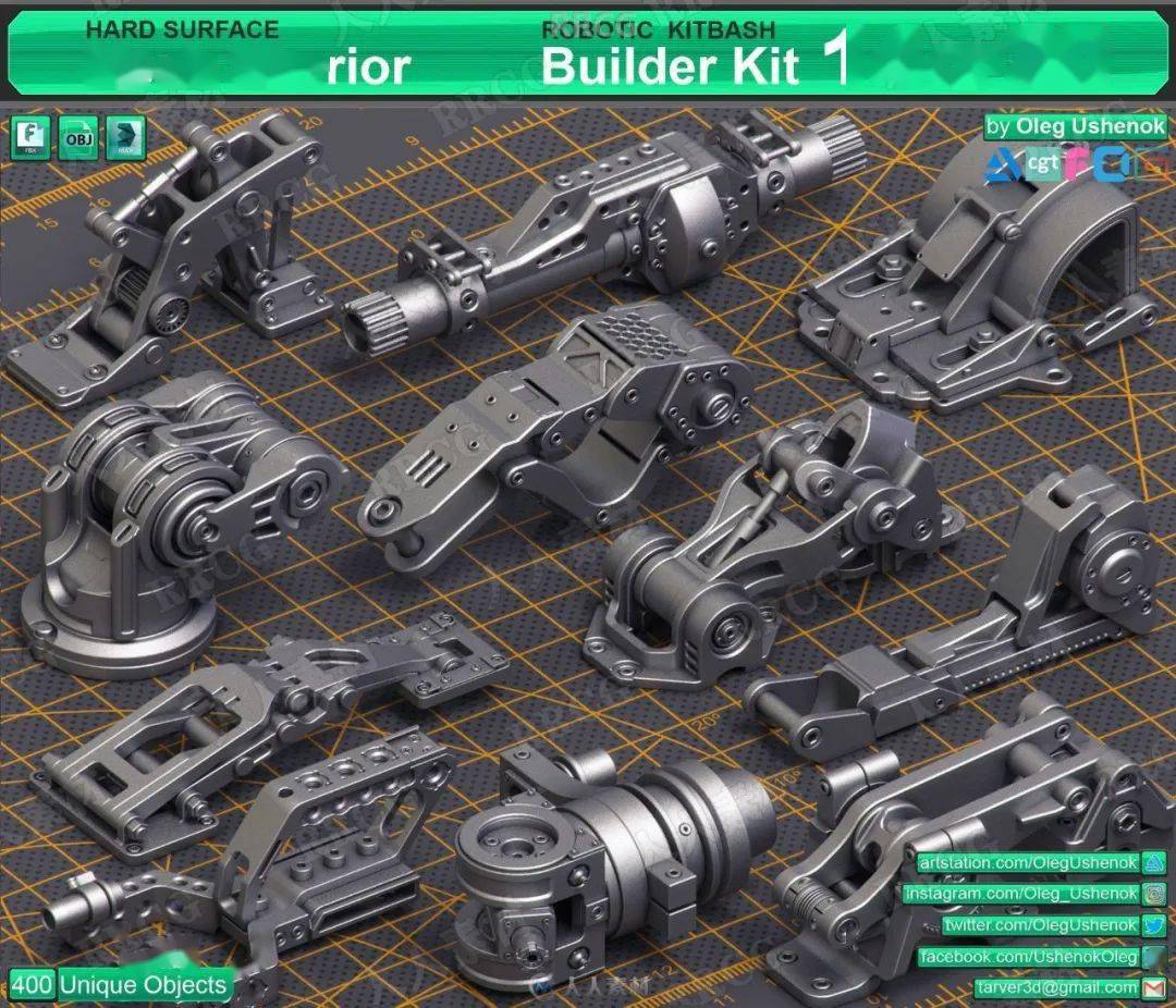 400组科幻硬表面机械零件雕刻细节3d模型合集 素材