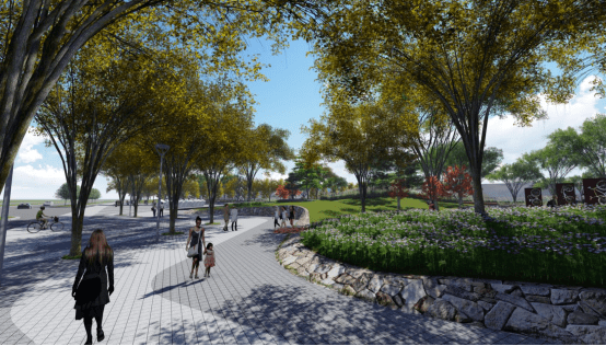 联通,串联绿地水系,形成绿道网络,集运动休闲,慢跑,散步道"三道合一"