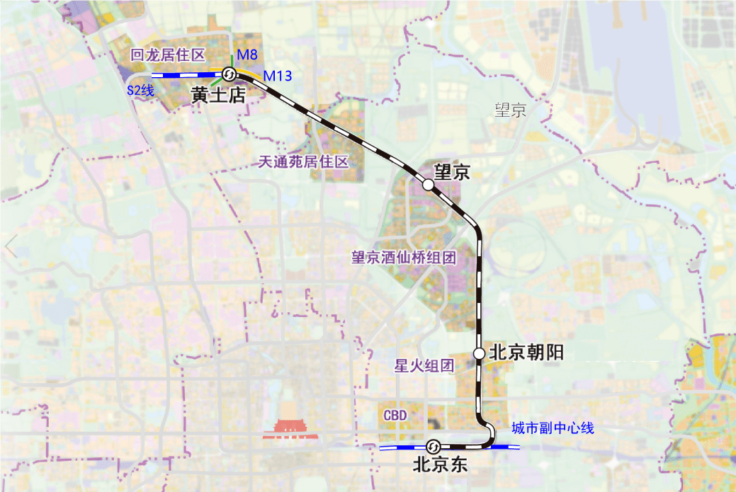 望京站,北京朝阳站及北京东站4座车站,其中黄土店站为s2线共用车站