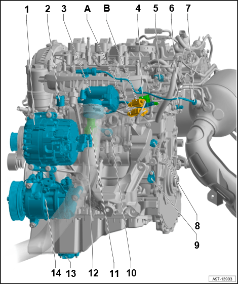 2019年款后奥迪a6l车型4缸汽油发动机元件位置图解说明