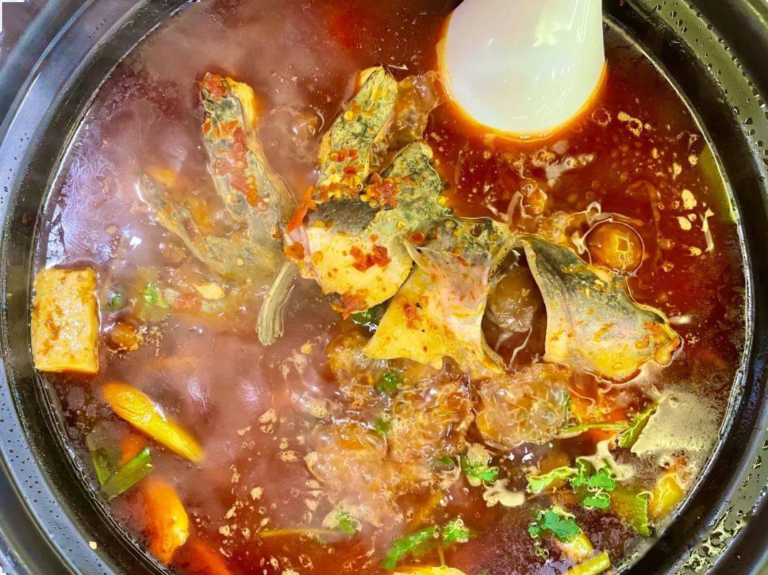 鲜红的汤上铺了一层翠绿的葱段,鲶鱼被花刀切成一截截方便取食又不失