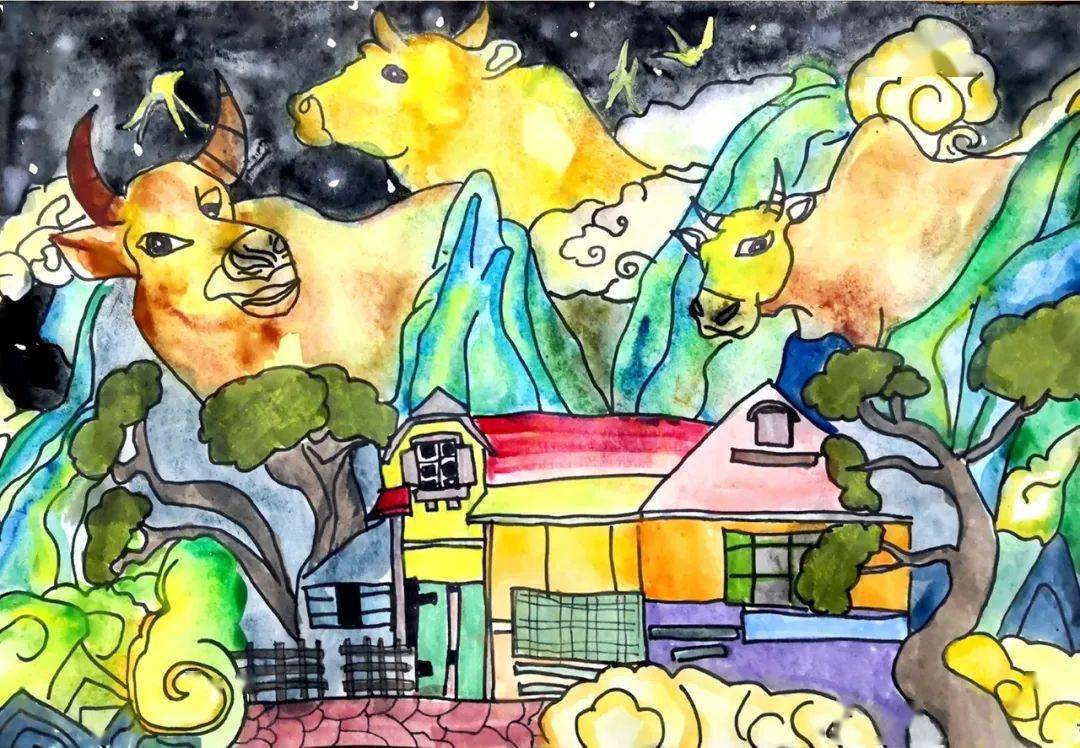 素画艺术《夕阳下的运动会》李沛昕(5岁)素画艺术《山里的牛》张辰安