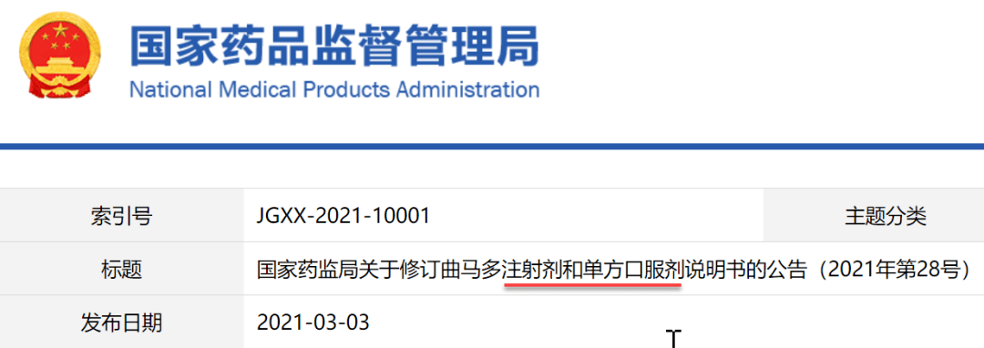 2021年3月3日,国家药监局发布关于修订曲马多注射剂和单方口服剂说明