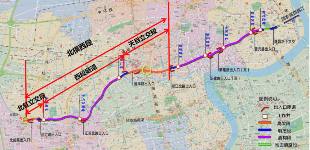 向東接周家嘴路越江隧道,途經長寧,普陀,靜安,黃浦,虹口,楊浦六個行政