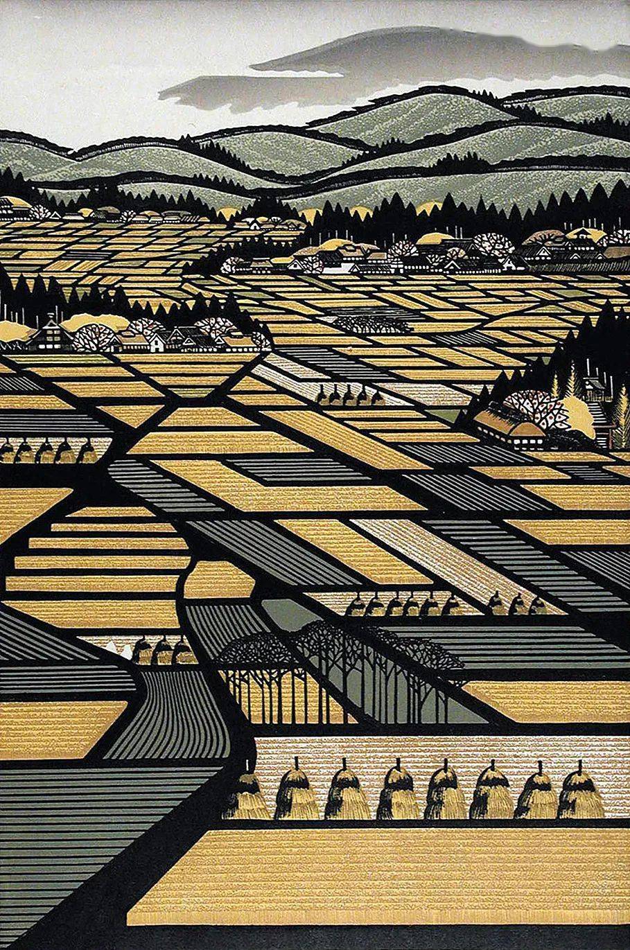 画面中把带有地域特色的仙鹤/村落/田野主打稻田丰收的视觉感--视觉上