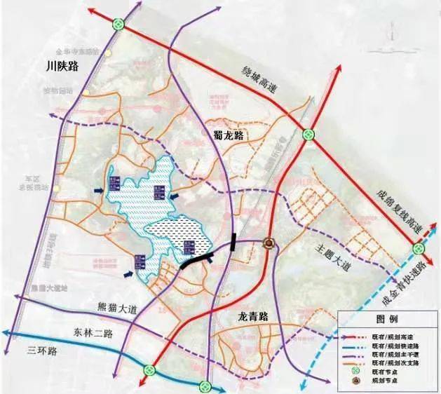 规划新建主题大道,打通东西两侧,提升两侧通达性;改造熊猫大道(熊猫