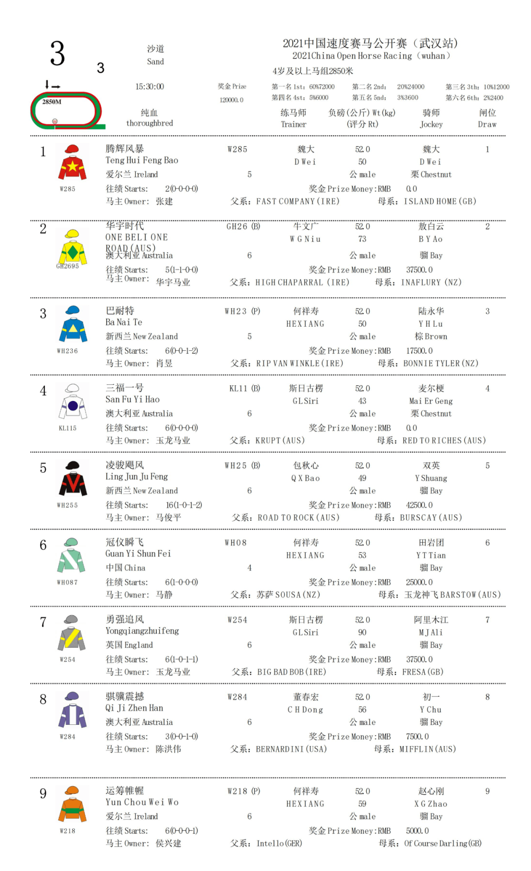赛事资料2021年中国速度赛马公开赛武汉站排位表